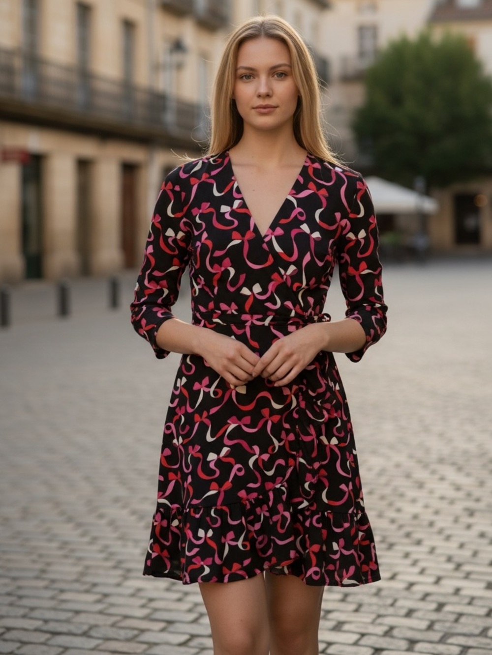 kate spade Black Long Sleeve V-Neck Dress with Pink & Red Ribbon Print